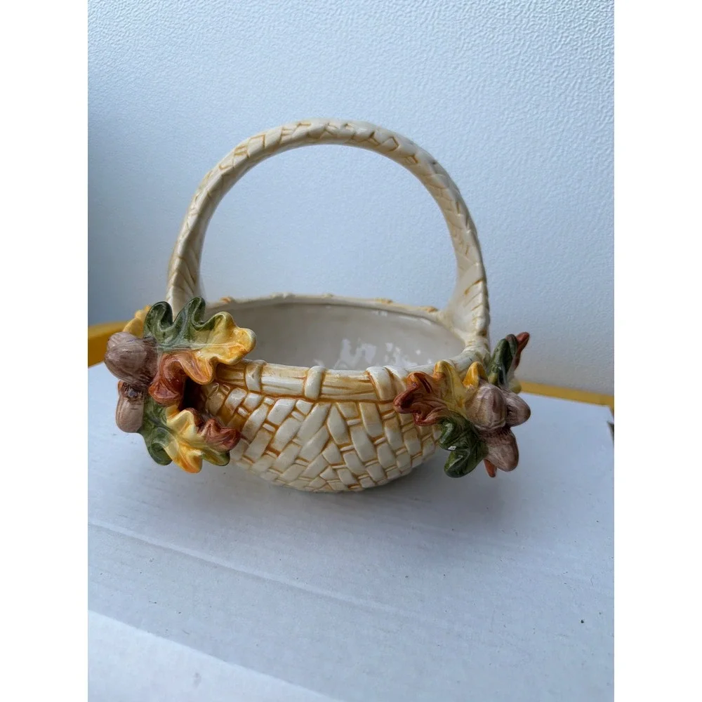 Ceramic Fall Harvest Basket Oak Leaf Acorn Thanksgiving Decor Cream Glossy 6.5in